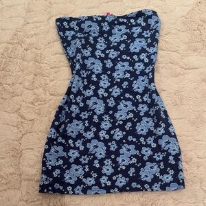 Edikted Blue Floral Strapless Mini Dress